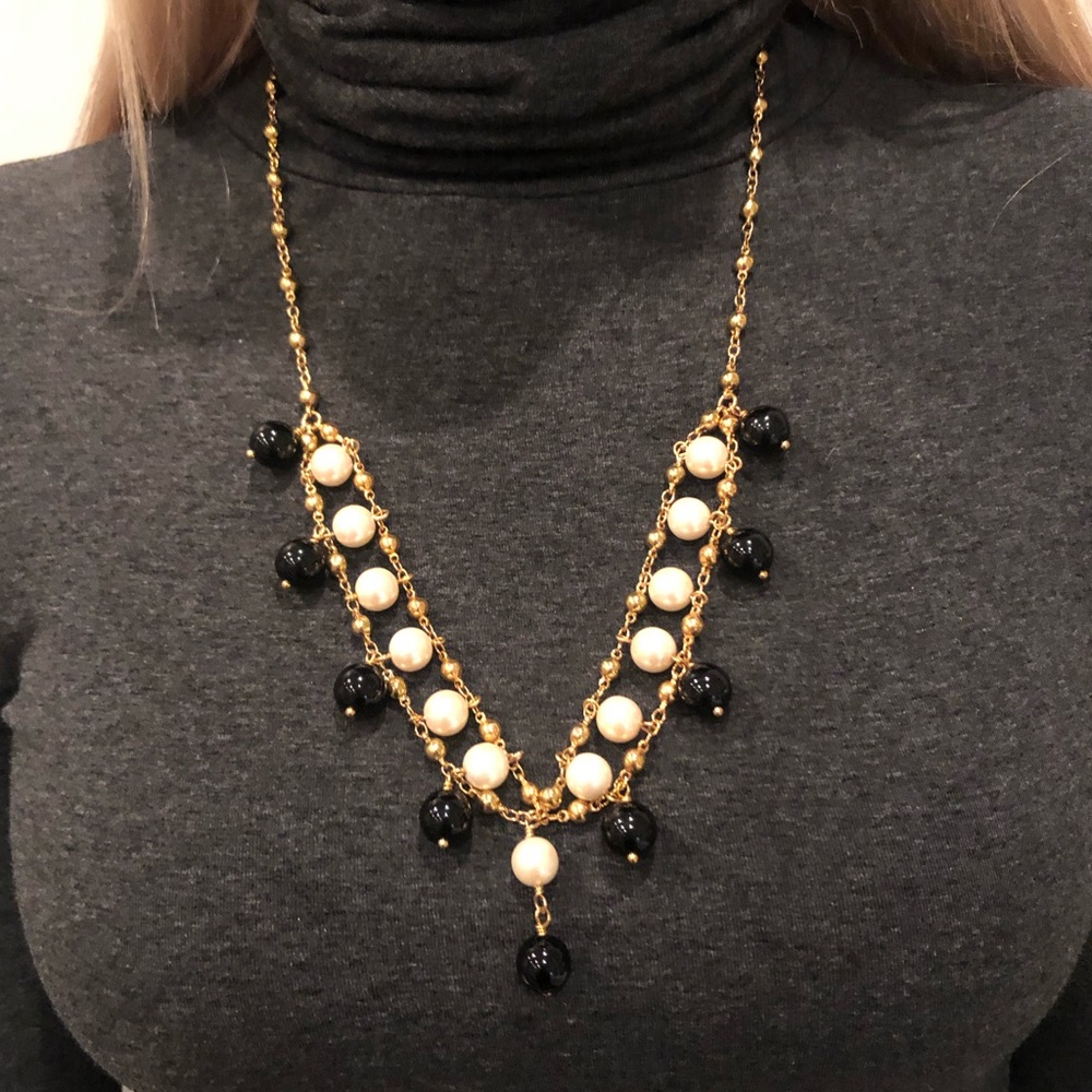 J. Crew pearl and black bead gold tone necklace